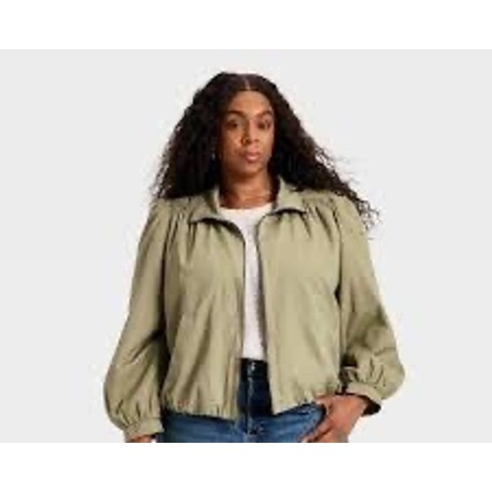 Universal Thread Womens Cropped Bomber Jacket Tan Olive Puff Sleeve Large NWT
